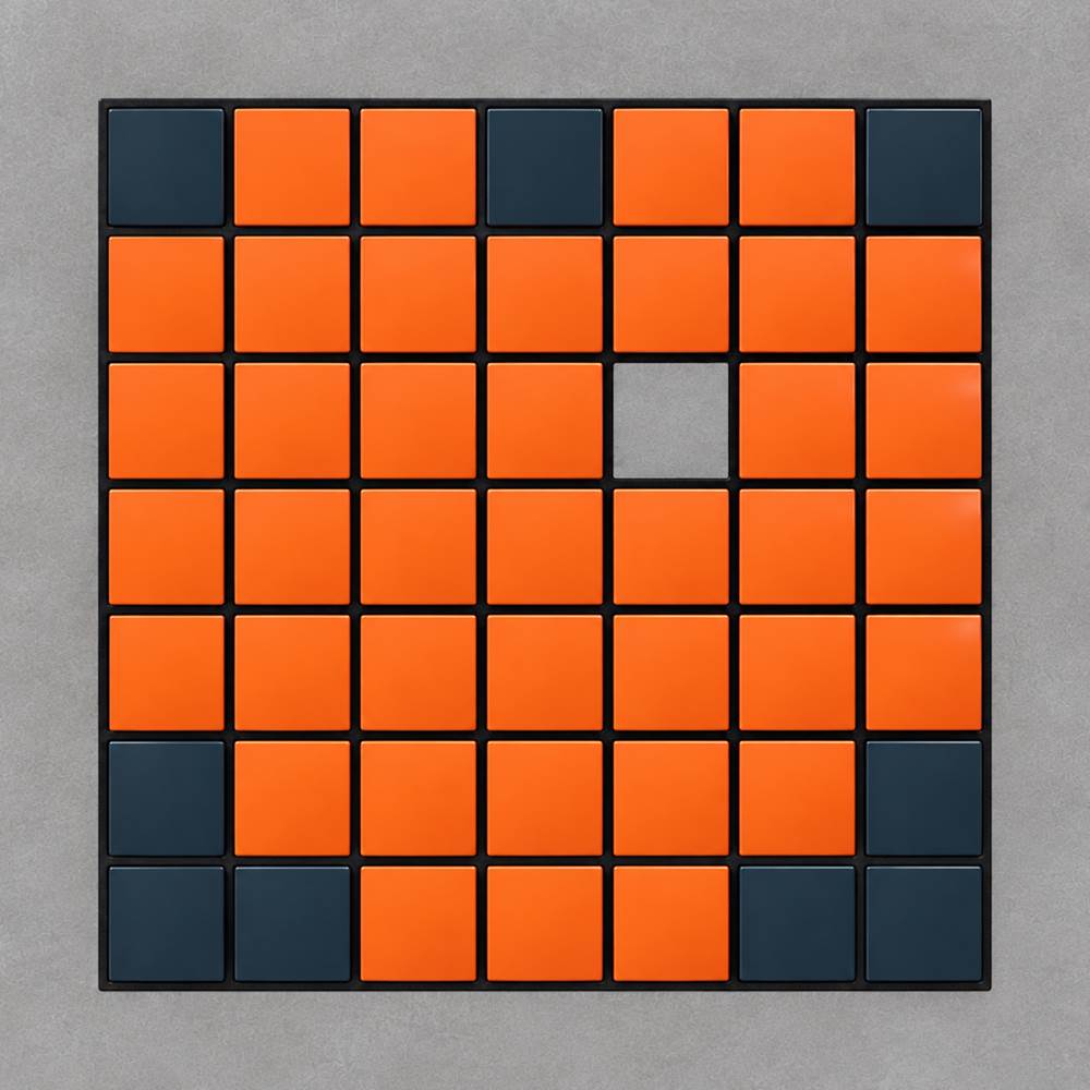 Le même support, garni de tesselles orange et bleu nuit qui dessinent le Q de Quadreti